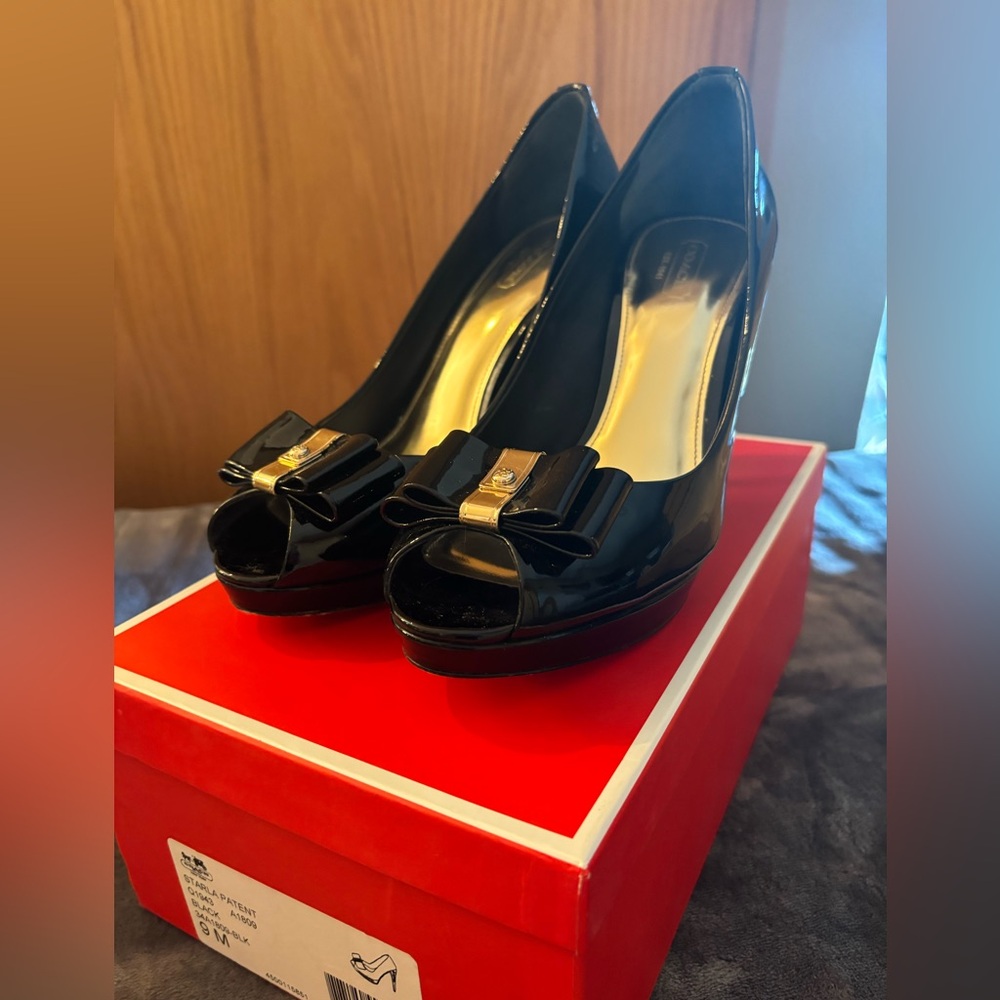 Coach "Starla" Black Patent Leather Peep Bow Toe Heel